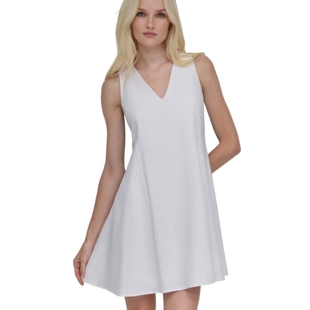 ⭐ DKNY Women's V-Neck Sleeveless A-Line Dress – Cream – Size 6 – NWT